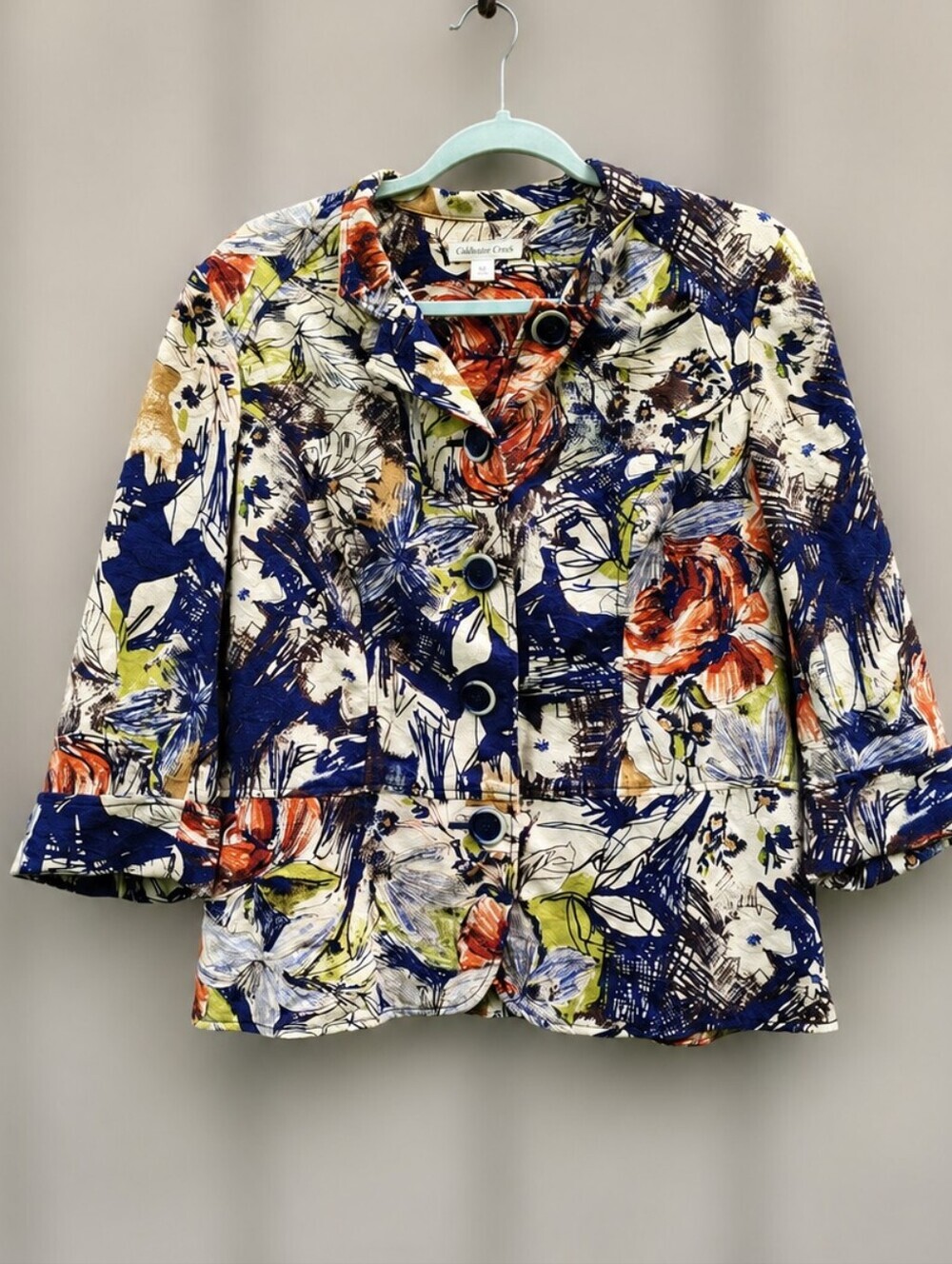 Coldwater Creek Floral Print Jacket Women's Size 14 Blue Orange Artistic Button